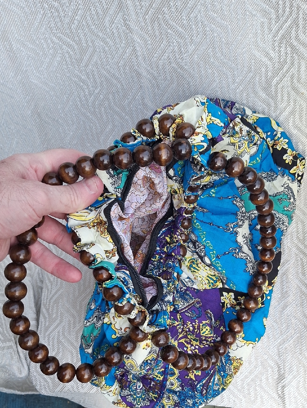 HAND CRAFTED Bohemian Patch work Beaded Handle HAND Bag - Blue & Purple - Picture 8 of 14